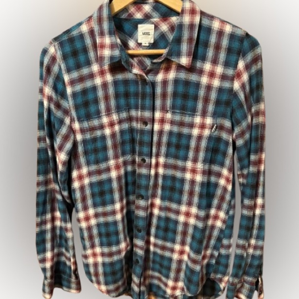 Vans Off the Wall Blue and Red Plaid Flannel Shirt Size Medium